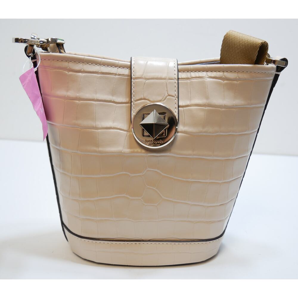 New Kate Spade Audrey Croc Embossed Leather Tan Mini Bucket Turn Lock K9376